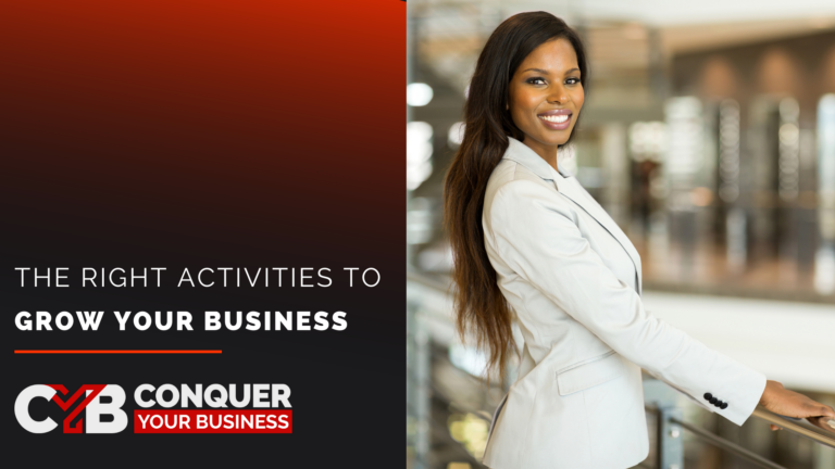 Blog Header image depicting a successful business woman in a suit, with the title how to identify the right things to do to Grow Your Business