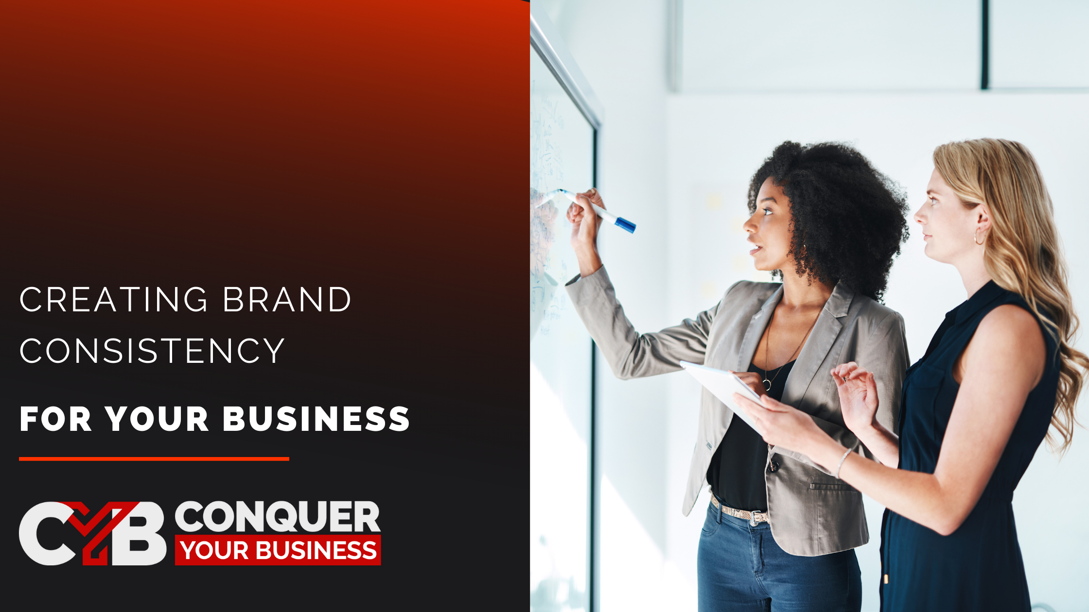 Blog header image, two women looking at a smart board, Creating Brand Consistency for Your Business
