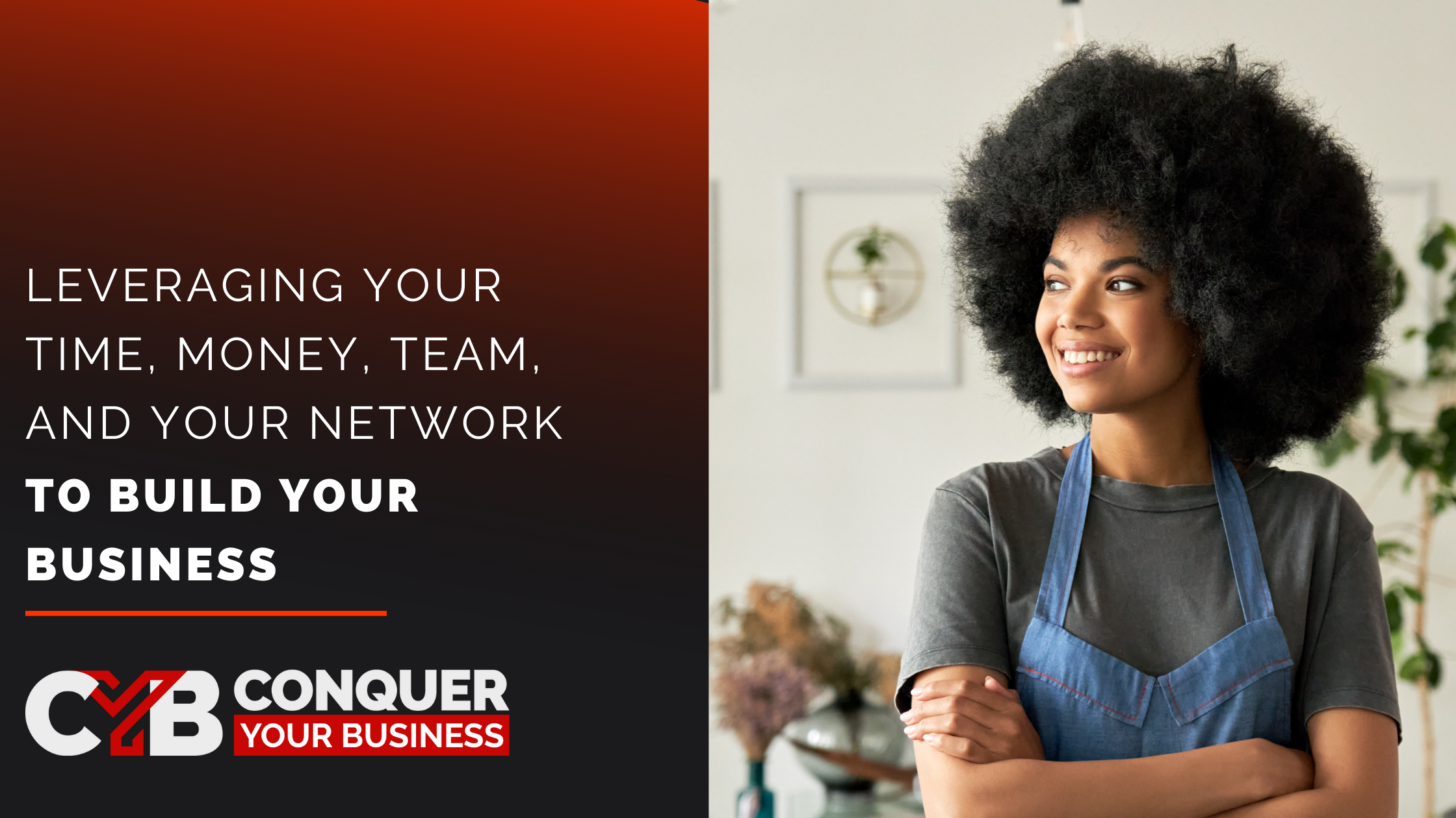 Blog header image with the title Leveraging Your Time, Money, Team, And Your Network To Build Your Business and a successful business owner.