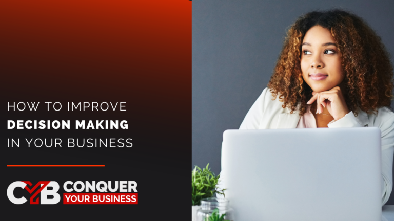Blog header image with a photo of a woman at a computer who appears to be thinking, and the blog title How to Improve Decision Making for your Business