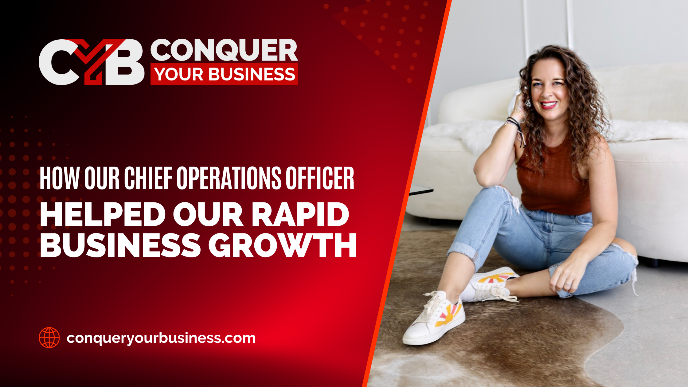 Blog header image, Andrea Elibero seated and blog title How our COO Helped Our Rapid Business Growth