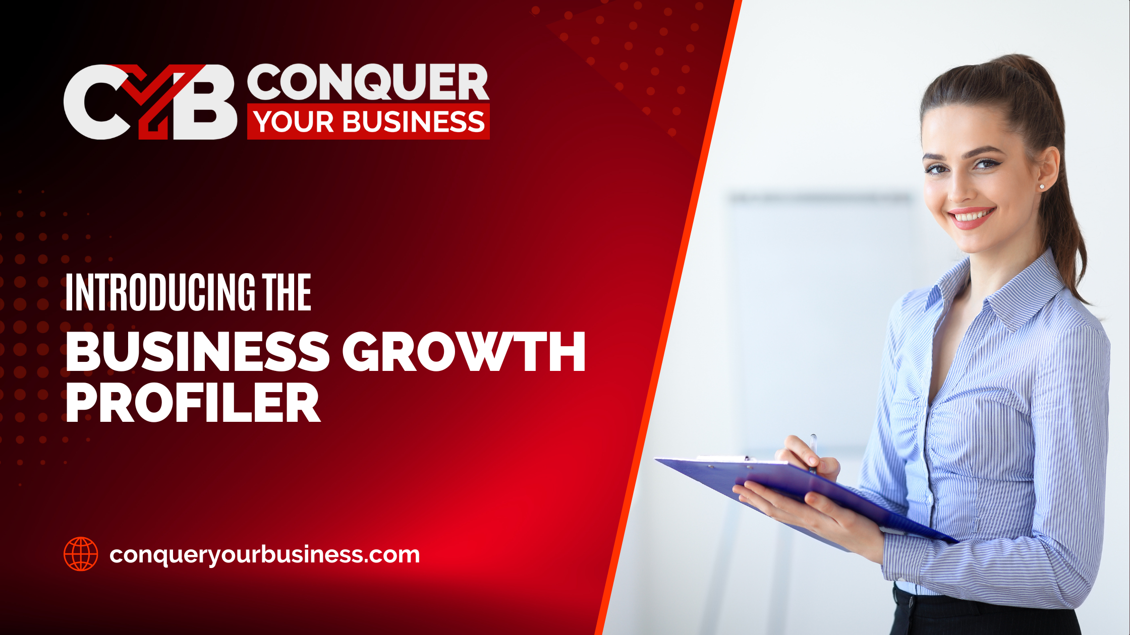 Blog header image with a woman holding a tablet device, and the title Introducing the Business Growth Profiler.