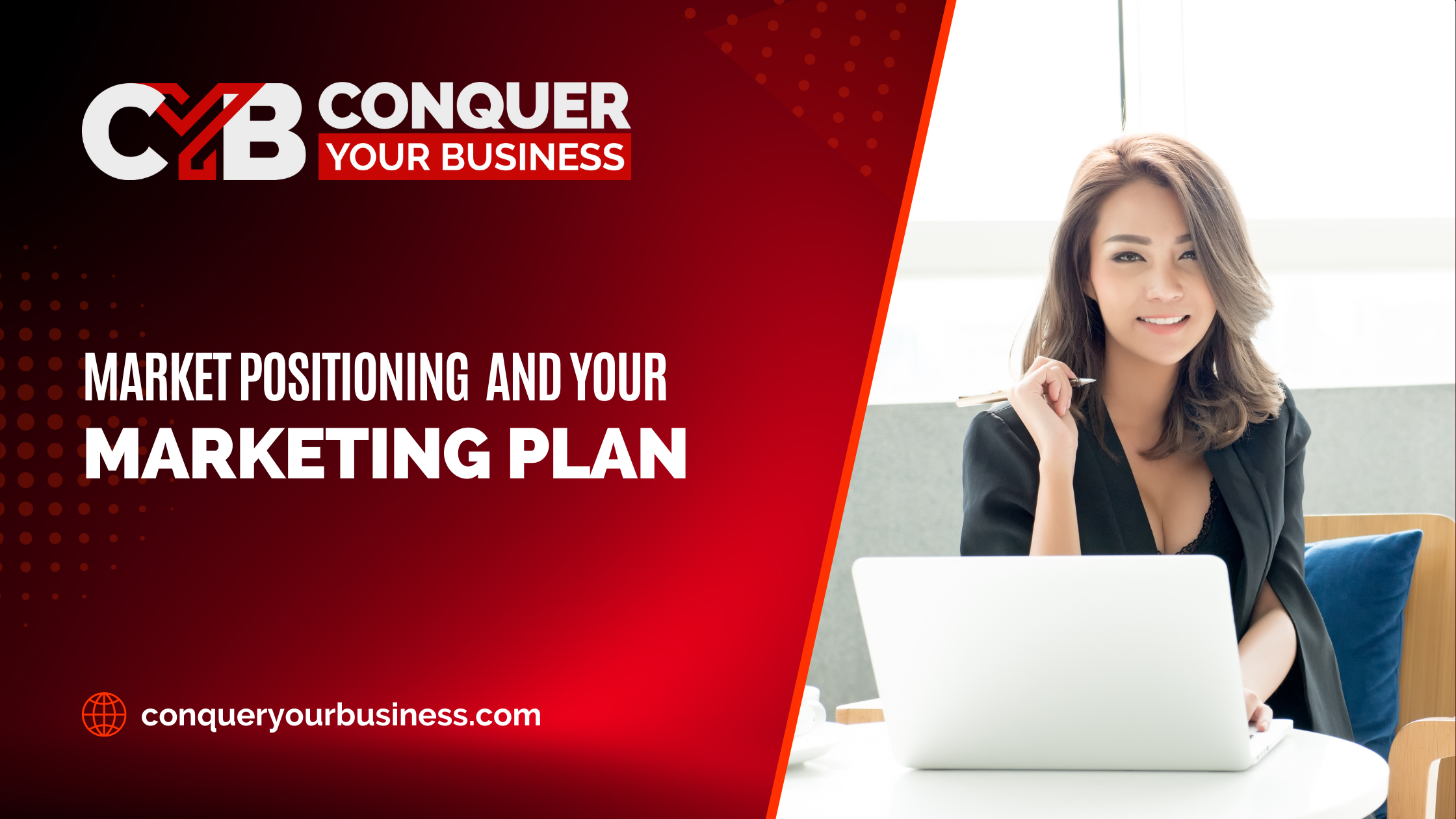 business woman sitting at her desk with a computer and the blog title Market Positioning and Your Marketing Plan